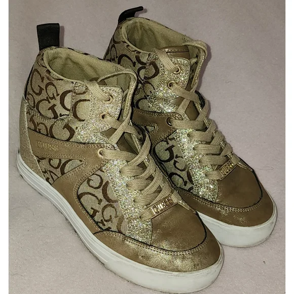 Guess Women's WGTONIGHT3 High Top Sneakers Beige Brown and Gold Glitter - Picture 5 of 9